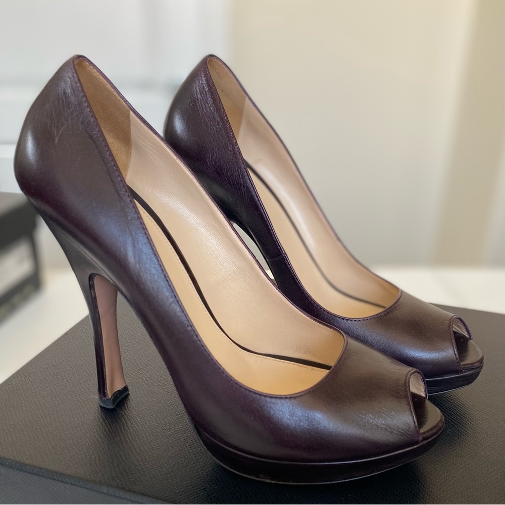 Prada Calzature Donna Vitello Shine Calfskin Heels Women’s 40 |US 10 Color:Mosto